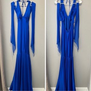 Vintage Y2K 100% Silk Dress Backless Silk Maxi Dress Blue Halter Prom Wedding